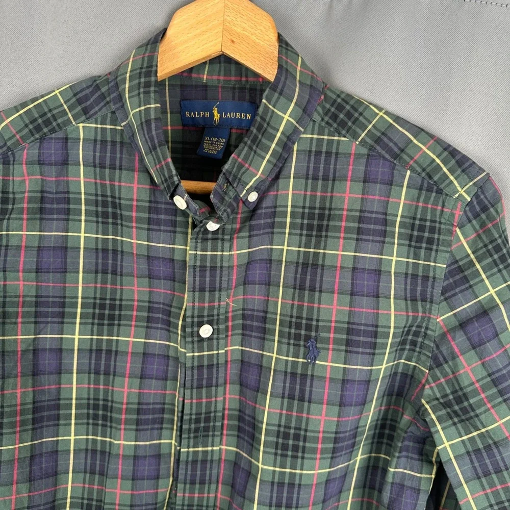 Ralph Lauren Boys XL 18-20 Green Plaid Button Down Shirt Long Sleeve Pony Logo